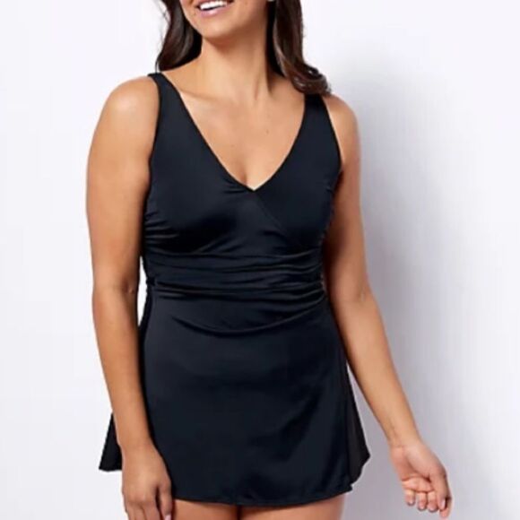 Denim & Co. Beach V-Neck Wrap Front Swim Dress Black 18W NWT IN PACKAGING - Picture 1 of 8